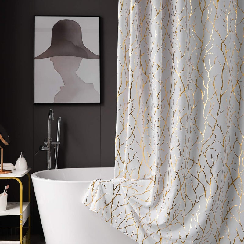 FINECITY White Shower Curtain with Gold Branch Pattern 12 Hooks Included, 72 x 72 Inch, 1 Panel - Image 4
